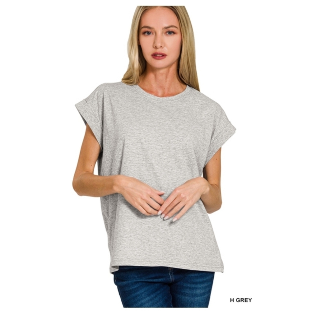 Z1 HGREY Zenana Round Neck Folded Short Sleeve T-Shirt Various Sizes